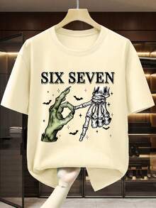 Camiseta de manga corta para hombre de algodón puro, con estampado de manos esqueléticas y texto SIX SEVEN | Camiseta personalizada para hombre, clásica y suave para uso diario | Ideal para hombres jóvenes, regalo de cumpleaños o San Valentín, ropa casual para fiestas | Camiseta redonda cuello, transpirable y cómoda, prenda de moda masculina elegante y versátil - Albaricoque - Ver 3