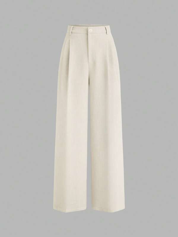 Fashionable Versatile Solid Color High Waist Pleated Wide Leg Pants