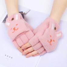 Plush Bunny Face Winter Gloves With Bunny Ears And Pink Flap Half Finger Design - Soft, Durable, Hand Washable Winter Gloves For Girls - Màu xanh nhạt - Xem 5