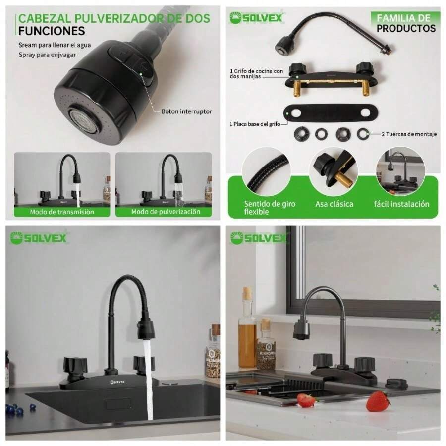 Mezcladora para Fregadero, Llave de Fregadero de Cocina Flexible, Grifo de Cocina con Dos Asas, Grifo de Cuerpo Principal de Acero Inoxidable, Acabado Cromo Espejo, SP - 80201 - Negro Mate - Ver 1