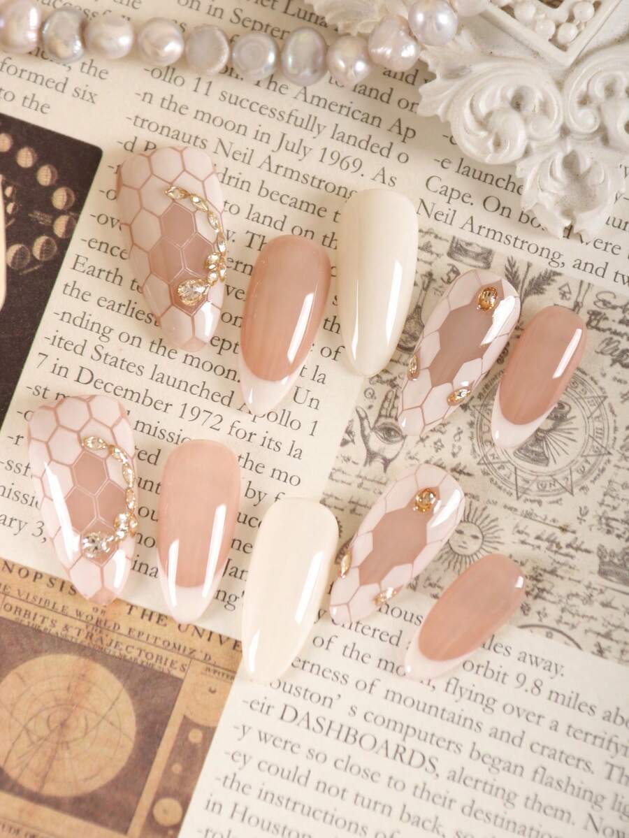 10pcs Press On Acrylic Nails Fake Nails Long French Style Light Color Cat's Eye Skin Color Snake Pattern Pure Handmade Production Nails Long Nails Press On Nails Set Includes 1sheet Adhesive Tabs &1 Pc Mini File Nail Supplies - Multicolor - View 1