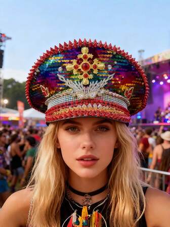 1pc Shiny Polyester Steampunk Rhinestone Captain Hat For Women & Men, Military Cap, Suitable For Bachelorette Party, Cosplay, Christmas, Carnival, Bar, Bachelor Party