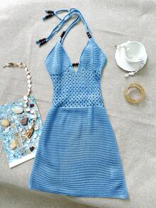 Yueweinini 性感优雅 V 领串珠镂空针织修身连衣裙，适合度假、情人节、音乐节、春夏海滩、日常穿着 - 藍色 - 查看 6