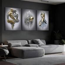 3 Pieces, Modern Bedroom Wall Art, Metal Effect Oil Painting Wall Decoration, Abstract Figure Statue Art Print Living Room Home Decor - 2D Flat - 銀色 - 查看 5