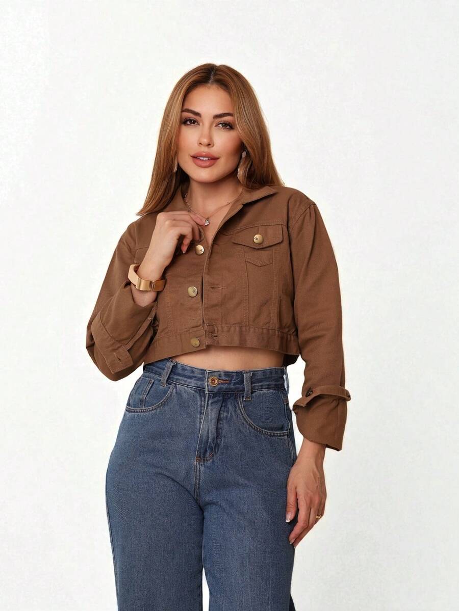 Cropped Denim Jacket With Hem, Women's Fashion - Brown - View 1