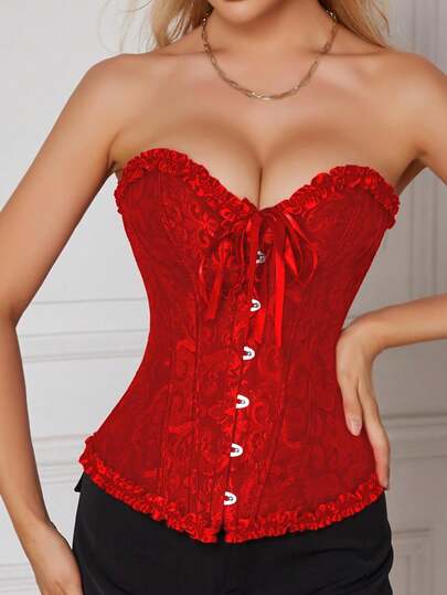Nova Musa Luna Primavera/Verão Corpete Bustier de Jacquard Vermelho para Mulheres, Elegante Vintage Sexy, Babado Laço Decoração, Top Cropped Justo Bralette Feminino, Adequado para Uso Diário, Festa, Encontro, Férias, Rua, Performance, Ao Ar Livre, Volta às Aulas, Punk, Gótico, Ação de Graças, Festival de Música, Dia dos Namorados, Festa de Ano Novo