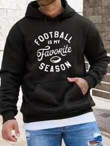 Sudadera con capucha de manga larga impresa clásica de fútbol para hombres con bolsillo y cordón, ropa cálida adecuada para otoño e invierno - Negro - Ver 1