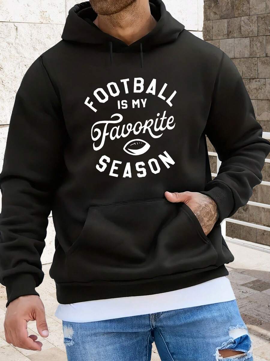 Sudadera con capucha de manga larga impresa clásica de fútbol para hombres con bolsillo y cordón, ropa cálida adecuada para otoño e invierno - Negro - Ver 1