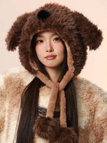 1pc Women's Hat, Dog Ear Button Decor Pom Pom Earflap Beanie, Funny & Stylish, Versatile, Cute, Warm & Comfortable For Outdoor, Casual, Commuting, Autumn/Winter