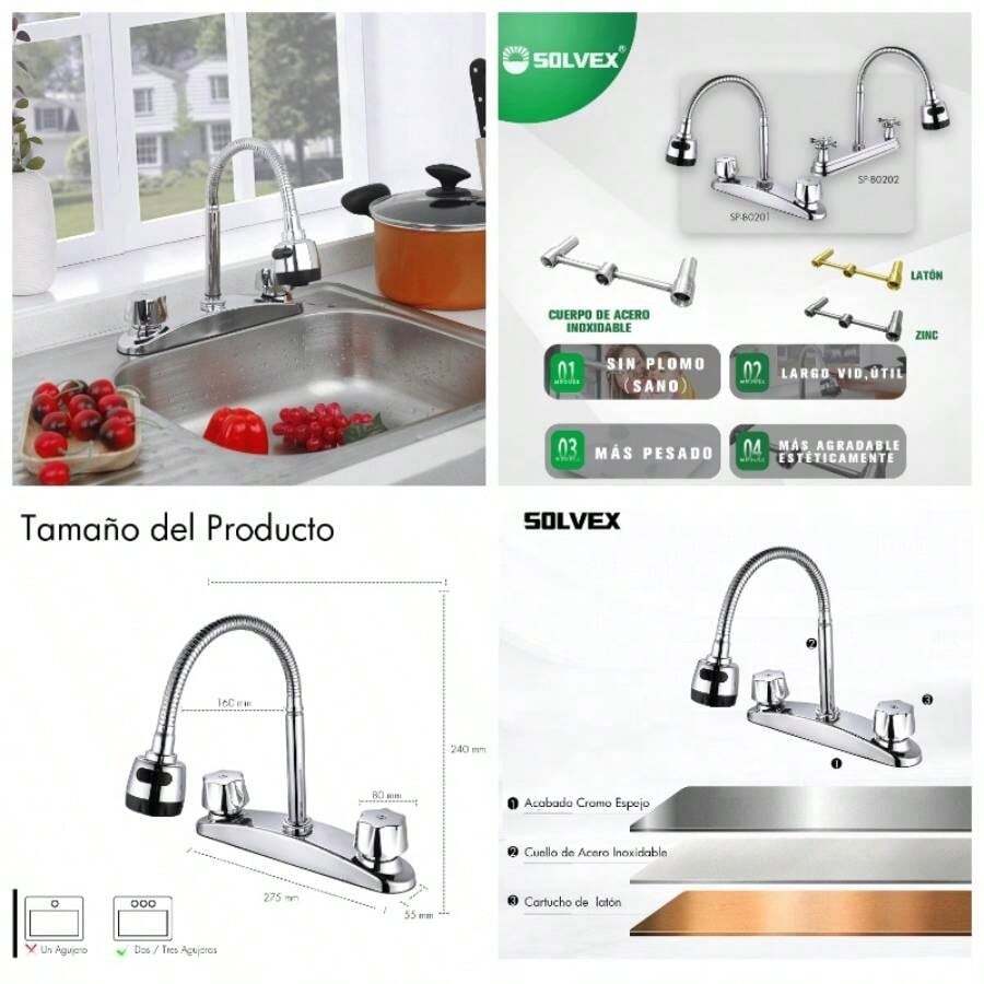 Mezcladora para Fregadero, Llave de Fregadero de Cocina Flexible, Grifo de Cocina con Dos Asas, Grifo de Cuerpo Principal de Acero Inoxidable, Acabado Cromo Espejo, SP - 80201 - Cromo Espejo 4 - Cuerpo de Acero Inoxidable - Ver 1