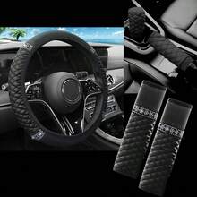 5pcs Car Interior Accessories Set - Steering Wheel Cover, Gear Shift Knob Cover, Seat Belt Shoulder Pad, Rhinestone & PU Leather Patchwork, Fits 14.5-15 Inch Steering Wheel, Universal Car Decor