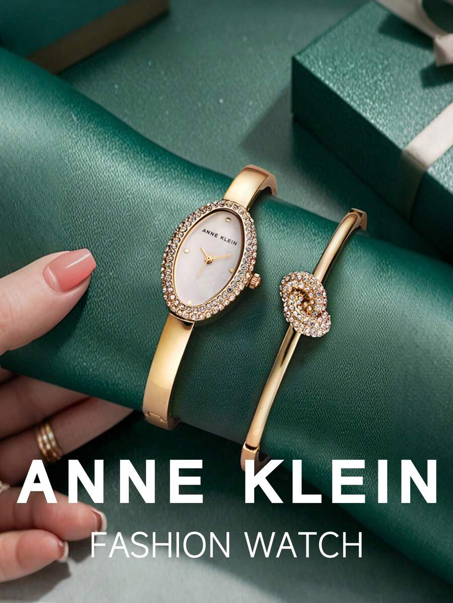 ANNE KLEIN 女士金色椭圆形手表和手链套装，搭配白色珍珠贝母表盘、水晶结链和珍珠刻度，防溅 - 均碼 - 查看 1