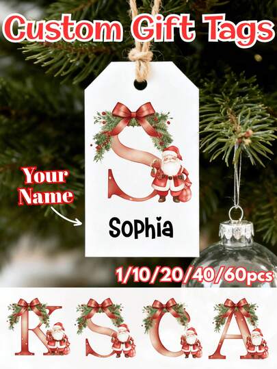 10/20/40/60 قطعة من علامات هدايا عيد الميلاد المخصصة - مع اسم/حرف أولي، تصميم سانتا كلوز والفيونكة، علامات شكر، علامات هدايا مخصصة، علامات هدايا إرجاع، علامات مخصصة، علامات شكر، علامات هدايا، علامات هدايا مخصصة، علامات هدايا شخصية، عيد ميلاد سعيد، علامات عيد الميلاد، ملصقات عيد الميلاد، عيد الميلاد المخصص، علامات عيد الميلاد المخصصة، علامات اسم عيد الميلاد الشخصية، اسم عيد الميلاد المخصص، عيد الميلاد