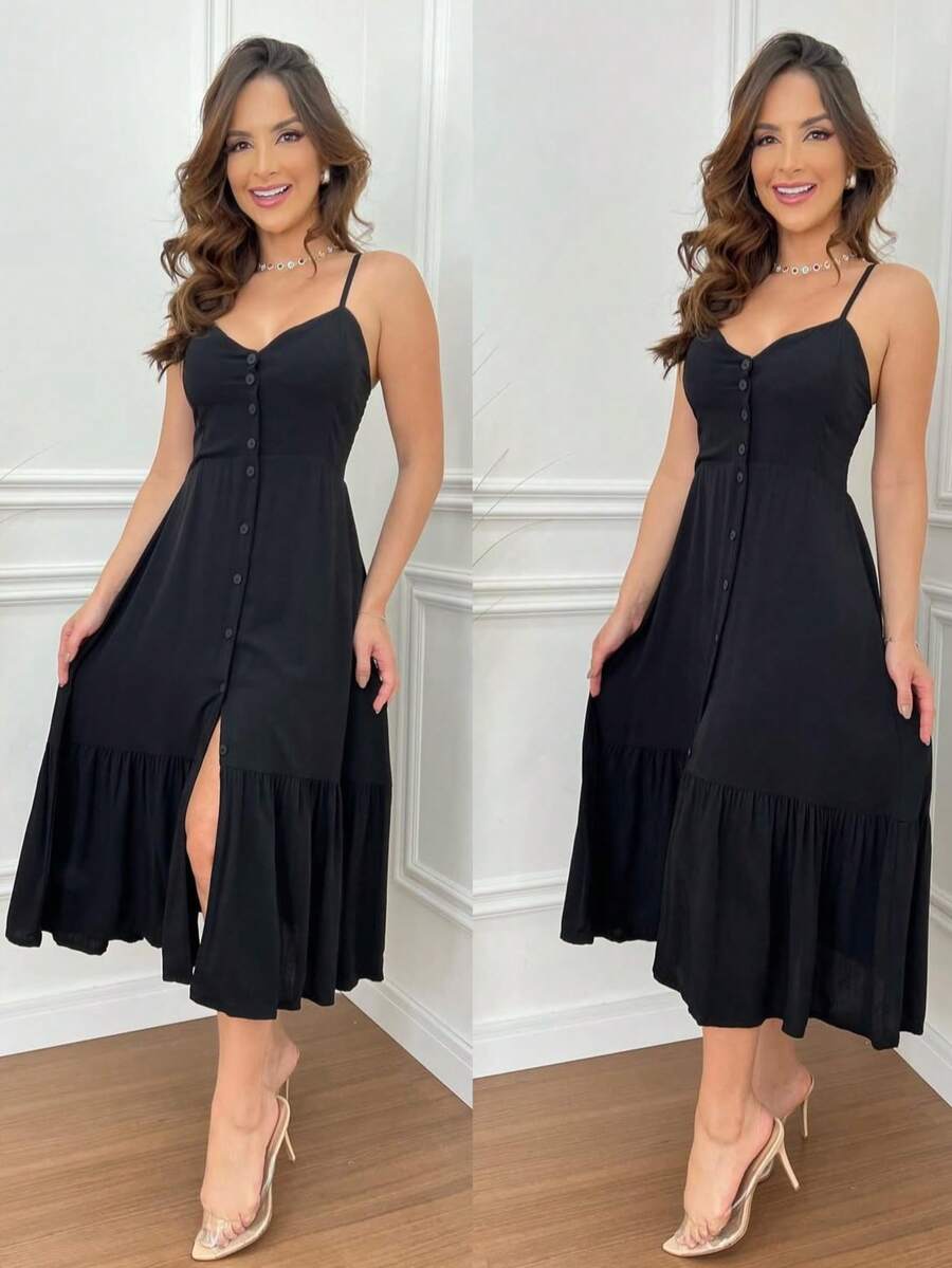 Women's Plain And Printed Midi Dress - Đen phẳng - Xem 1