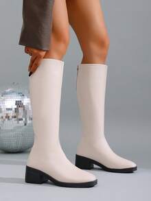 女士V型高筒靴，厚筒，秋冬季，宽筒，西部风格，中跟，修身，及膝骑马靴，户外休闲时尚 - 白色 - 查看 5