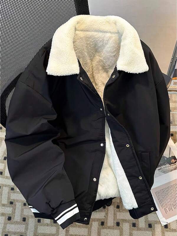 Men's Thermal Lined Thicken Jacket, Outdoor Casual Sports Collar Jacket, Couple Style, Sherpa Jacket