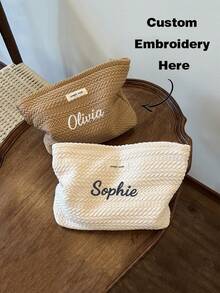 1pc Personalized Wheat Pattern Woven Fabric Handbag For Girl, Elegant Minimalist Design Travel Toiletry Pouch, Large Capacity Cosmetic Organizer With Zipper, Portable Storage Bag For Daily Use, Fashion Gift Idea,Christmas Gift Supplies - Multicolor - View 1