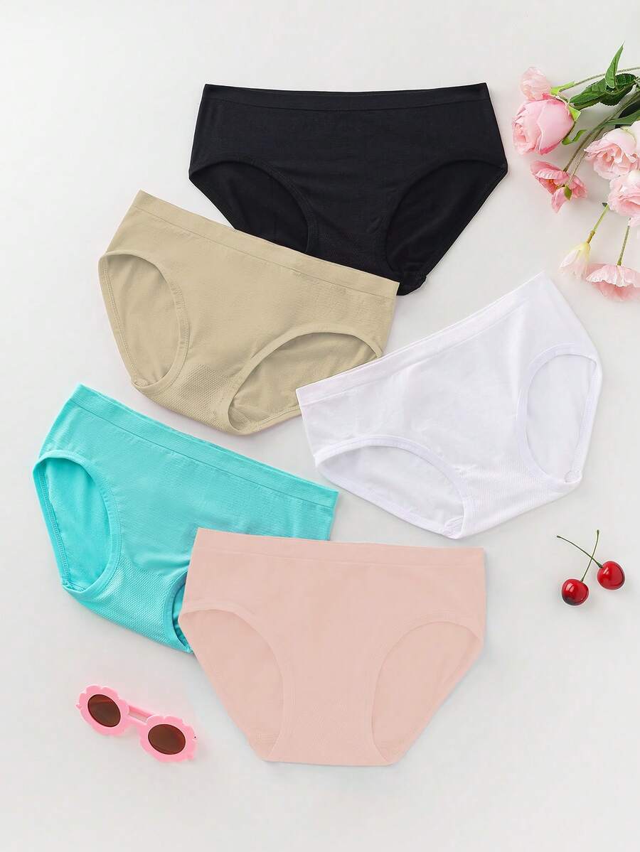 Bộ 5 quần lót liền mạch màu trơn thoải mái, cạp chun mềm mại, thoáng khí dành cho bé gái, mặc hàng ngày - Nhiều màu - Xem 1