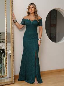 Long Off-The-Shoulder Party Dress In Shiny Lace - Dark Green - View 3