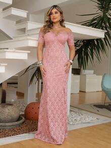 Long Off-The-Shoulder Party Dress In Shiny Lace - Rusty Rose - View 3