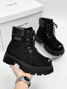 SLnU3 3pcs Men's Fashion High-Quality Casual Thick-Sole Elevated Boots, Dopamine Color, Minimalist Design, Punk Hip-Hop British Street Style, Versatile For All Seasons - Black - View 14