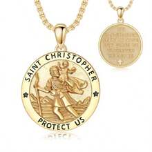 Seiyang Gold St Christopher Medal For Men 925 Sterling Silver Round St Christopher Pendant Mens Double Sided Saint Christopher Medallion Necklace Protection Jewelry Religious Gifts For Men Women