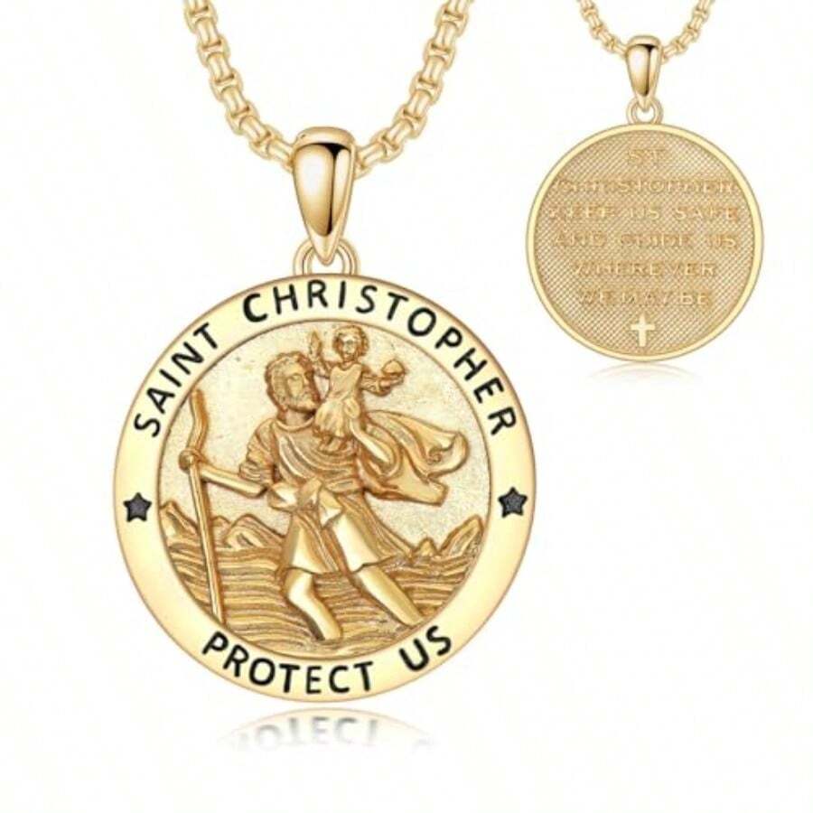 Seiyang Gold St Christopher Medal For Men 925 Sterling Silver Round St Christopher Pendant Mens Double Sided Saint Christopher Medallion Necklace Protection Jewelry Religious Gifts For Men Women