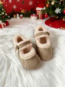 1 双儿童圣诞毛绒羊毛冬鞋，复古时尚女童冬季保暖软底乐福鞋，冬季百搭