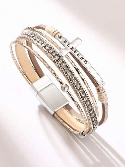 Women's Bohemian Bracelet With PU Leather Cross Design, Suitable For Friends To Give Gifts, Commuting, And Fashionable Clothing