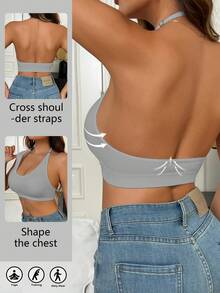 1pc Women's Racerback Sports Bra, Comfortable Fitness Yoga Activewear - Grey - View 7