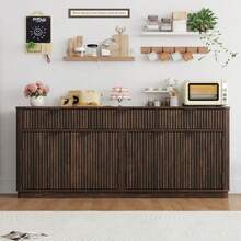 70"Large Curved Buffet Cabinet With 3 Storage Drawers,Kitchen Fluted Sideboard Cabinet W 4 Door Shelves,W Load-Bearing Steel Pipe,Wood Farmhouse Coffee Bar Cabinets,Kitchen Pantry - Brown - View 7