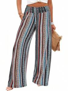 VIOPY Pantalones Pierna Ancha Mujer Casual Pantalón Ancho de Mujeres Elegante Cintura Alta Pantalon Recto Moda Dama Holgado Comodos Trousers Pants con Bolsillos - Color F - Ver 12