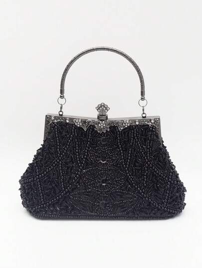1 pezzo Borsa clutch da sera elegante e di lusso in stile vintage anni '20, con decorazioni floreali, totem, perline nere, paillettes, foglie in metallo intagliate e cristalli, adatta per feste, matrimoni, occasioni formali
