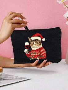 Cute Christmas Cat Holding A Red Wine Cosmetic Bag - A Cat Wearing A Christmas Hat And A Flowery Coat, A Multifunctional Storage Bag With Exquisite Printing And Unique Design, Suitable For Digital Bags, Hairdressing Bags, Swimming Bags,Bedroom Room Decor,Back To School - Multicolor - View 6