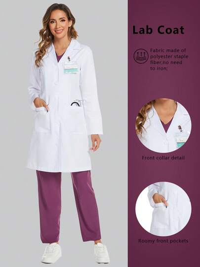 cimmuovere Women's Long Sleeve Multi-Pocket Scrubs Nurse Uniform, Workwear For Dentist, Healthcare, Pet Hospital, Laboratory, White Coat
