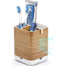 Boperzi Toothbrush Holder Toothpaste Organizer Drainage For Bathroom Vanity, Detachable Anti- Brushed Nickel Toothpaste Storage Caddy With Drainage Holes For Makeup Brush Razor Stand - Wood Grain - View 5