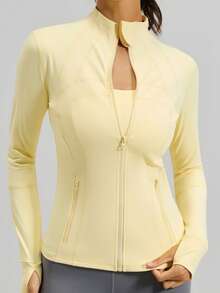 Women's Slim Fit Zip - Up Sports Jacket With 2 ZipperPockets, Lightweight & Stretchy For Yoga, Gym - Vàng nhạt - Xem 3