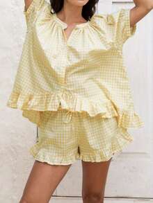 Women's Gingham Short Sleeve Ruffled Top And Elastic Waist Ruffled Shorts Summer Casual Set - Bright Yellow - View 2