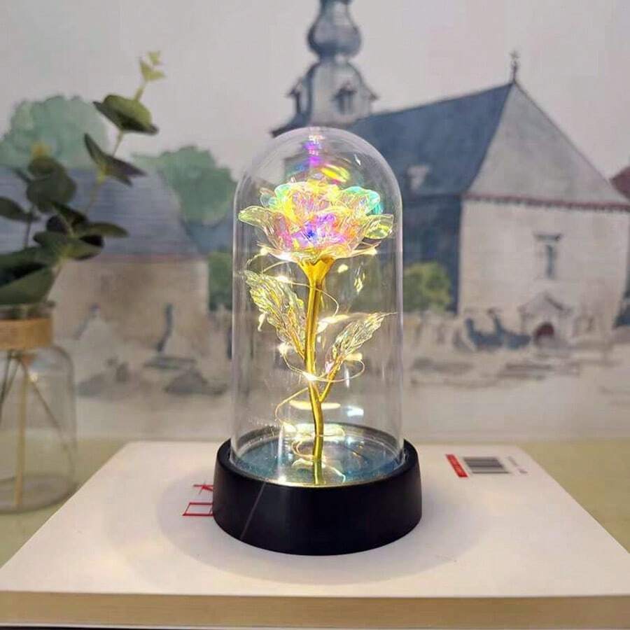 Enchanted Rose With LED Light – Decorative Eternal Flower In Acrylic Dome - White - View 1