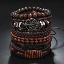6pcs Vintage PU Woven Tree Of Life Beaded Bracelet Set, Unisex, Suitable For Fathers Day, Boyfriend Gift, Daily Wear - màu đen - Xem 3