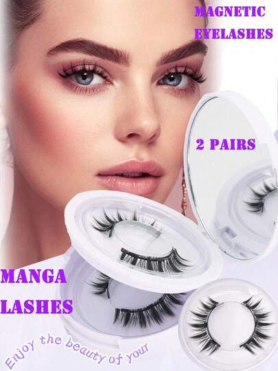 2 paia di ciglia magnetiche naturali con applicatore, kit di ciglia magnetiche riutilizzabili, impermeabili, senza colla necessaria, ciglia finte per occhi sensibili per look manga, ciglia dall'aspetto bagnato