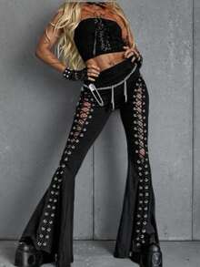 Gothic Lace Flared Pants Are A Must-Have For Women's High-Waisted Y2K Women's Retro And Sexy Slimming Pants In Fashionable Outfits, Festival Streetwear Fashion Must-Have - 黑色 - 查看 8