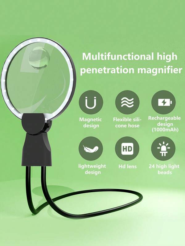 Rechargeable Lighting Desk Lamp And Magnifying Glass, Detachable And Portable, Adjustable Hose, 2-Level Brightness, Maximum Brightness Of 5-6 Hours, Type-C Charging.