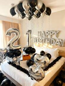 551pcs Silver & Black Birthday Decoration Set | 500 Nonwoven Fabric Petals, Happy Birthday Banner Letters + Love & Heart Foil Balloons | Thick Latex Balloons, Dark Aesthetic Party Background, Suitable For Romantic Bedroom Decor, Midnight Surprise Birthday Party Decor, Influencer Photo Backdrop - Multicolor - View 8