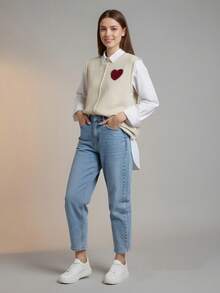 Women's Cute Solid Color Sweater Vest, Minimalist Fashion Casual Daily Wear, Adorable Knit Top, Spring/Autumn, School, Sweater, Love Heart Pattern Sweater, Casual Sleeveless Knit Top, Knitted Pullover For Autumn/Winter