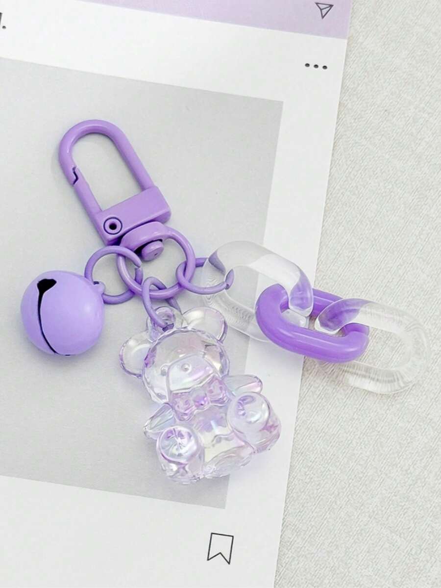 1个可爱小熊透明钥匙扣卡通吊坠带铃铛个性化创意学生情侣礼物包挂饰汽车饰品女士礼物 - 淡紫色 - 查看 1