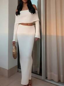 Women's 2 Piece Knit Skirt Set Off Shoulder Crop Top & Maxi Skirt Elegant Y2K Outfit Fall Winter Matching Set - 白色 - 查看 1