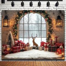 1 خلفية صور عيد الميلاد تتميز بوجود الأيائل والنوافذ المغطاة بالثلج وجدار من الطوب والأضواء الوامضة - مشهد عالم شتوي مذهل مع أكاليل وسلاسل زهور، مثالي لعرض شجرة عيد الميلاد والصور العائلية وديكور الحفلات الداخلية/العطلات. متوفر بأحجام متعددة. - متعدد الألوان - مشاهدة 3