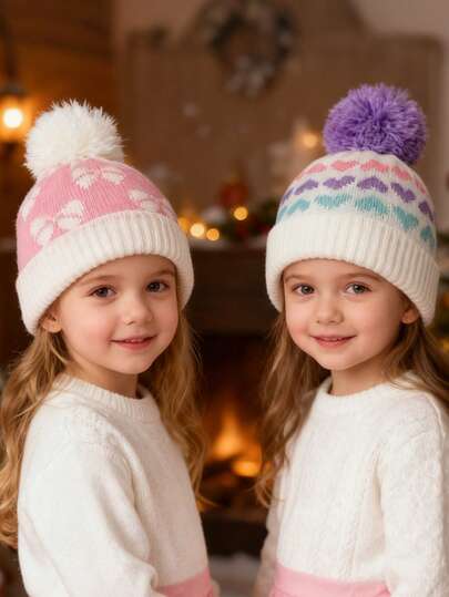2 piezas/set Gorro de bebé, gorro de punto cálido de invierno para bebés e infantes niñas, con pompón