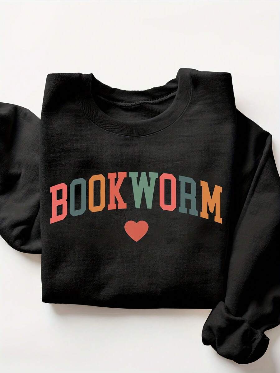 Casual Stylish Minimalist Women'S Long-Sleeve Round-Neck Sweatshirt With Letter Print,Graphic Crew Neck Sweatshirt, Long-Sleeve Pullover Comfy Loose Top (Perfect For Game Day And Valentine's Day) - 黑色 - 查看 1